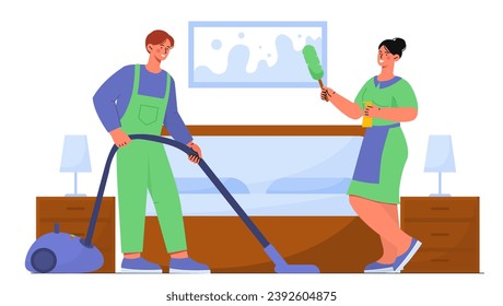 Maid service concept. Man and woman in uniform with brush and vacuum cleaner. Cleaning workers in hotel, room. Household chores. Cartoon flat vector illustration isolated on white background