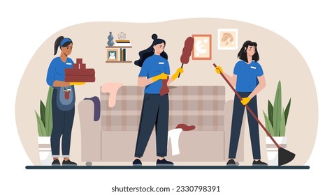 El servicio de limpieza en casa. Mujeres con uniforme y departamento limpio. El personal lava el suelo, limpia el polvo y lava las cosas. Limpieza, tareas rutinarias y domésticas. Dibujo vectorial plano de dibujos animados