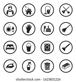 Maid Service Icons. Black Flat Design In Circle. Vector Illustration.
