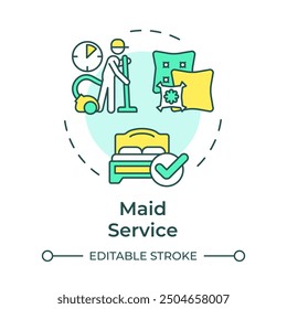 Maid service multi color concept icon. Dusting furniture, vacuuming carpets. Professional cleanup. Round shape line illustration. Abstract idea. Graphic design. Easy to use in infographic