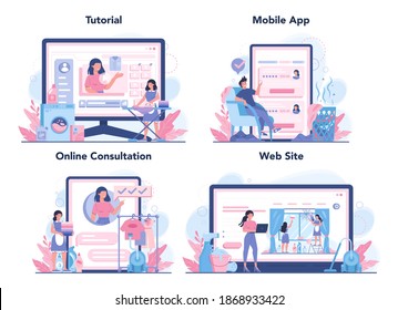 Maid service online service or platform set. Apartment cleaning service. Woman in a classic uniform cleaning house or hotel. Online tutorial, mobile app, consultation, website. Vector illustration