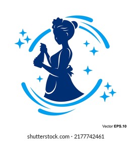 Maid Silhouette Woman Holding Spray Surrounded By Water Or Whirlpool. Woman Housekeeper With Her Hair In A Bun, House Cleaning Service Illustration Icon Or Logo Vector