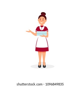 Maid with stack of clean towels. Employee of hotel cleaning service. Flat vector design