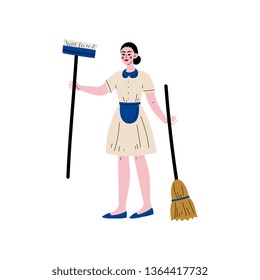 Maid Standing with Mop and Broom, Cleaning Lady Character Wearing Uniform Vector Illustration