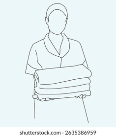 maid in uniform. maid brings towel. housemaid.vector single line of housemaid at work
