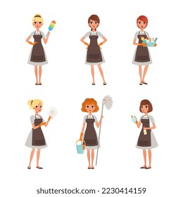 Maid in uniform with cleaning supplies set. Cleaning company staff vector illustration