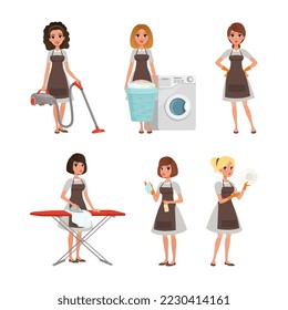 Maid in uniform with cleaning supplies set. Cleaning service of hotels and houses vector illustration