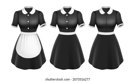 Maid Uniform Elegant Textile Clothes Set Vector. Houseworker Cleaner Profession Different Style Fabric Uniform. Lady Housekeeper Formalwear Dress For Clean Serving Template Realistic 3d Illustrations