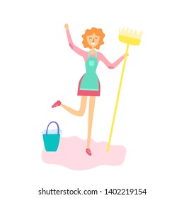 Maid in uniform having fun when clean. Female Character Sweeping and Mopping Floor with Mop. Flat vector illustration in modern style isolated on white background. Colorful, fun and bright picture