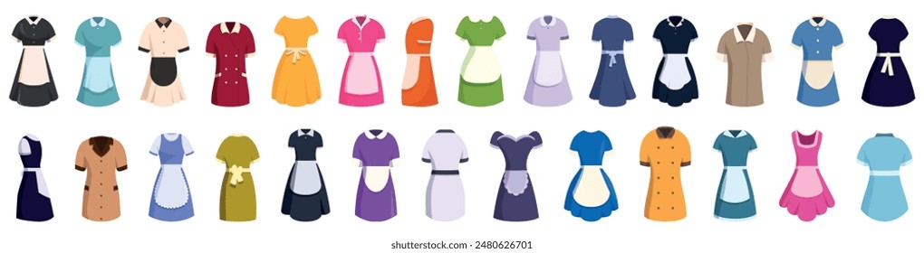 Maid uniform icons set. Large set of colorful maid and housekeeping uniforms in different styles for cleaning services