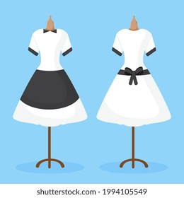The maid uniform is seen from the back and front hanging on a mannequin.