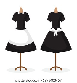 The maid uniform is seen from the back and front hanging on a mannequin.