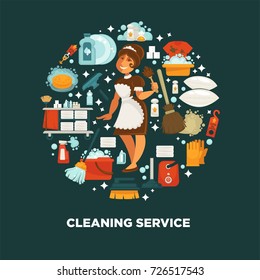 Maid in uniform surrounded with equipment for cleaning isolated vector illustration. Chemical cleaners, buckets with soap, vacuum cleaner, wooden broom, rubber gloves, clean towels and pillows.