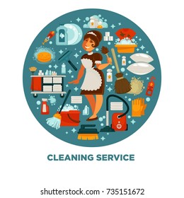 Maid in uniform surrounded with equipment for cleaning isolated vector illustration.