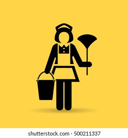 Maid uniform woman icon with dust cleaner. Vector silhouette illustration isolated on yellow background. Maid icon eps10. Maid icon clipart.