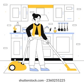 Maid vacuuming line concept. Young girl with vacuum cleaner at home. Household chores and routine. Cleanliness and hygien at kitchen. Poster or banner. Linear flat vector illustration