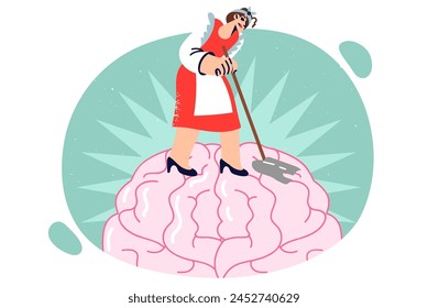 Maid washes brain with mop, getting rid of bad thoughts, concept mental and psychological hygiene. Metaphor of meditations for detoxification and therapy with psychotherapist to help cleanse brain svg
