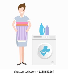 Maid with washing machine, detergent and fabric in basket icon. cleaning sign illustration