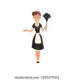 Maid wearing uniform with duster, housemaid character wearing classic uniform with black dress and white apron, cleaning service vector Illustration