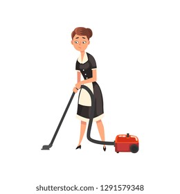 Maid wearing uniform with vacuum cleaner, housemaid character wearing classic uniform with black dress and white apron, cleaning service vector Illustration