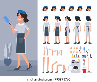 Maid woman character constructor and objects for animation scene. Set of various women's poses, faces, mouth, hands, legs. Flat style vector illustration isolated on white background.