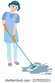 Maid woman mopping floor with mop. Hand drawn vector illustration. Suitable for website, stickers, postcards.