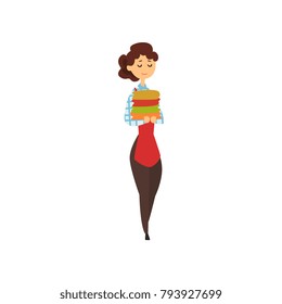 Maid woman with stack of clean linen. House cleaning service concept. Domestic worker. Young girl in red apron, brown pants and checkered blouse. Flat vector design