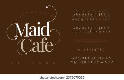 Maidcafe premium luxury elegant alphabet letters and numbers. Elegant wedding typography classic serif font decorative vintage retro. Creative vector illustration