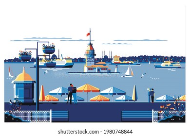 Maiden s island in Istanbul, Turkey at sunset time. Panoramic overview.Flat vector illustration