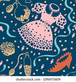 Maiden Seamless pattern in retro style. Seamless vector pattern from the silhouette of maiden things. Decorative painted texture with delicate little things.