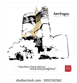 Maiden Tower in Azerbaijan, Baku black and white ink with gold vector illustration for urban design greeting card template, modern fashion print.