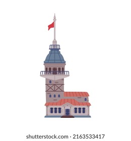 Maiden Tower with Flag as Turkey Building Vector Illustration