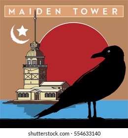 maiden tower, istanbul, bird, vector