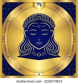 Maiden Virgo Zodiac Sign, Classic Luxury Golden Greek Meander, Stellar Star Sign, Horoscope Astrology Fortune-Telling and Future Prediction, Element Badge Icon Vector Design Illustration.