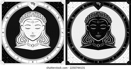 Maiden Virgo Zodiac Sign, Classic Greek Meander Black-White Silhouette, Stellar Star Sign, Horoscope Astrology Fortune-Telling and Future Prediction, Badge Icon Vector Design Illustration.