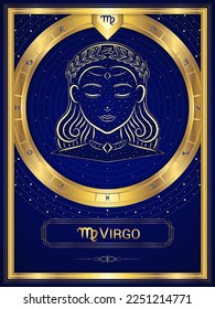Maiden Virgo Zodiac Sign and Symbol, Classic Luxury Circular Golden Greek Meander Fortune Card, Stellar Star Sign, Horoscope Astrology Fortune-Telling and Future Prediction.