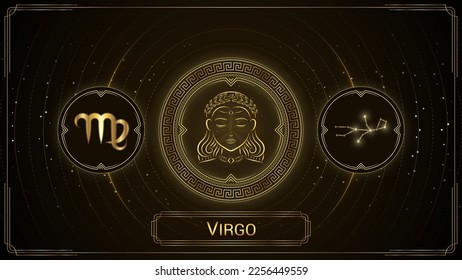 Maiden Virgo Zodiac Sign, Symbol, Stellar Star Constellation, Classic Greek Meander Wheel, Horoscope and Astrology, Fortune-Telling, Stellar Backdrop Background