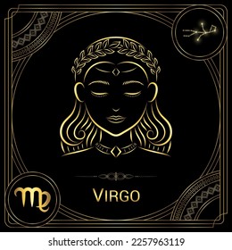 Maiden Virgo Zodiac Sign, Symbol, Stellar Star Constellation, Horoscope and Astrology, Fortune-Telling Square Badge Icon Vector Illustration