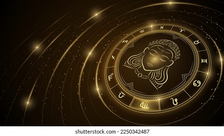 Virgo Zodiac Symbol, Wheel of Zwölf Zeichen, Glowray of Star Light in Space, Horoskop und Astrologie Concept Element für Fortune-Telling, Stellar Hintergrund Vektor Illustration.