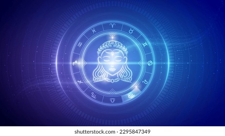 Maiden Virgo Zodiac Wheel Star Sign Hologramm Futuristisches Hologramm Neon Glow Cybernetic Digital Translucent Horoskop, Astrologie und Vorgeschreibe Hintergrundbild Illustration