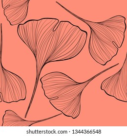 Maidenhair leaves tree seamless pattern, fabric background, natural wallpaper. Vector illustration.