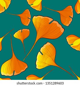 Maidenhair leaves tree seamless pattern, Ginkgo biloba, fabric background, natural wallpaper, golden color. Vector illustration.