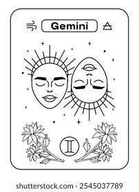 Maiden's face is upside down. Postcard zodiac sign Gemini. Black and white line flat vector illustration. Eps10