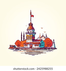 Maiden's Tower illustration made with vector crayon painting technique