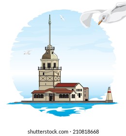 Maiden's Tower of Istanbul, Turkey. Vector illustration.