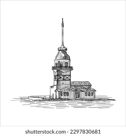 Maiden's Tower, Kiz Kulesi, Byzantine lighthouse on the Bosphorus, Istanbul, Turkey. Line art sketch illustration, eps 10