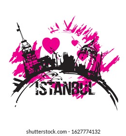 The Maiden's Tower (Kiz Kulesi) and Galata Tower. Istanbul, Turkey city design. Hand drawn illustration.