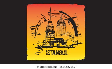 The Maiden's Tower (Kiz Kulesi) and Galata Tower. Istanbul, Turkey city design. Hand drawn illustration.