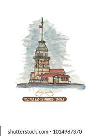 The Maiden's Tower (Kiz Kulesi). Hand drawn illustration.