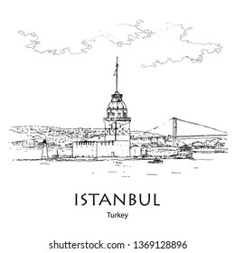 MAIDEN'S TOWER, KIZ KULESI, ISTANBUL, TURKEY: Panoramic view to Maiden's Tower. Hand drawn sketch. Poster, calendar, post card